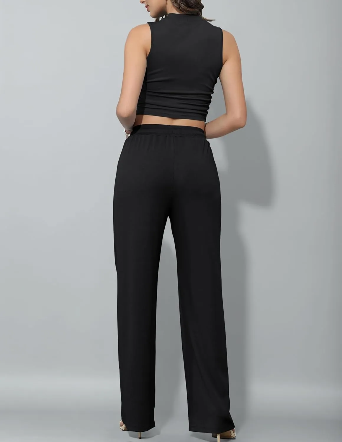 HAEOF Women's Summer 2 Piece Outfits Ribbed Knit Sleeveless Crop Tops Elastic High Waist Wide Leg Pants Matching Lounge Set