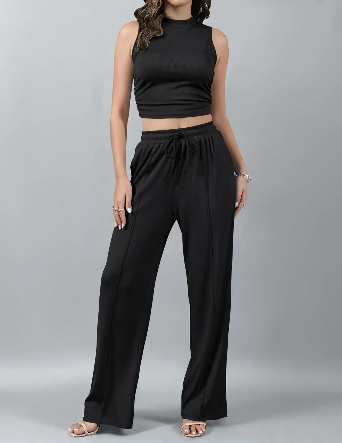 HAEOF Women's Summer 2 Piece Outfits Ribbed Knit Sleeveless Crop Tops Elastic High Waist Wide Leg Pants Matching Lounge Set