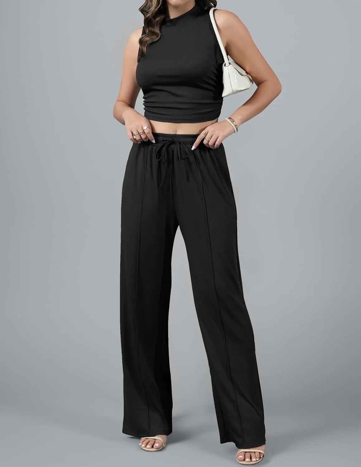 HAEOF Women's Summer 2 Piece Outfits Ribbed Knit Sleeveless Crop Tops Elastic High Waist Wide Leg Pants Matching Lounge Set