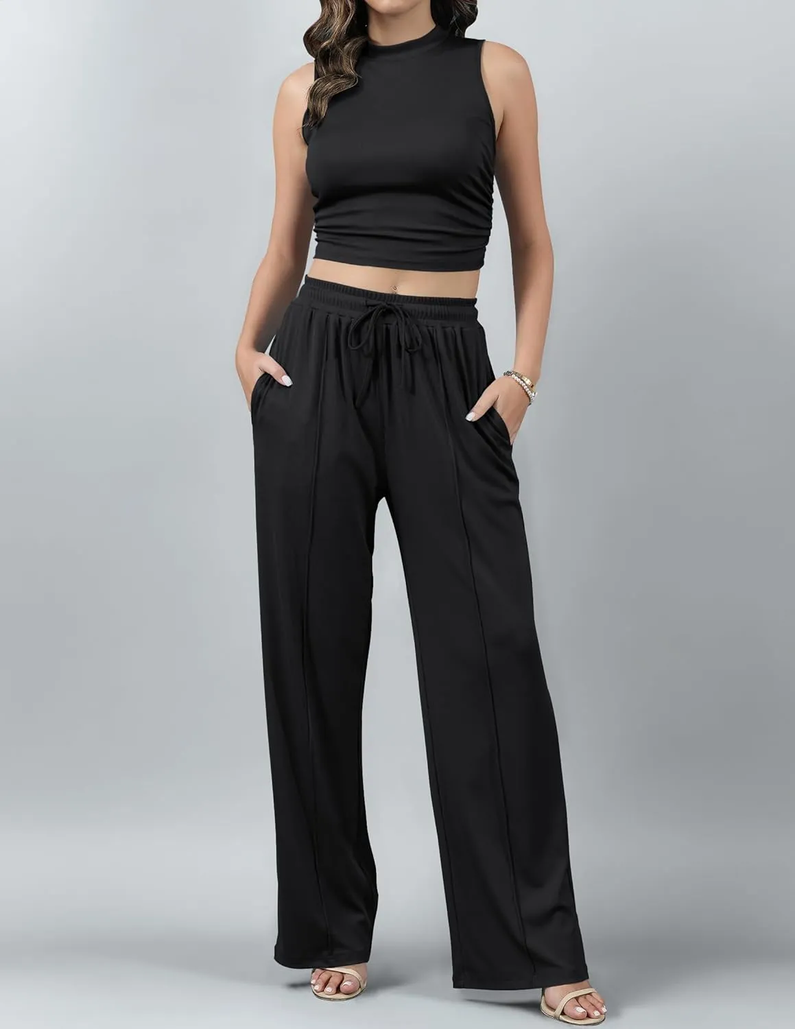HAEOF Women's Summer 2 Piece Outfits Ribbed Knit Sleeveless Crop Tops Elastic High Waist Wide Leg Pants Matching Lounge Set