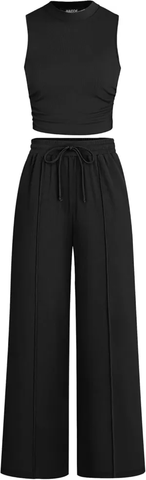 HAEOF Women's Summer 2 Piece Outfits Ribbed Knit Sleeveless Crop Tops Elastic High Waist Wide Leg Pants Matching Lounge Set