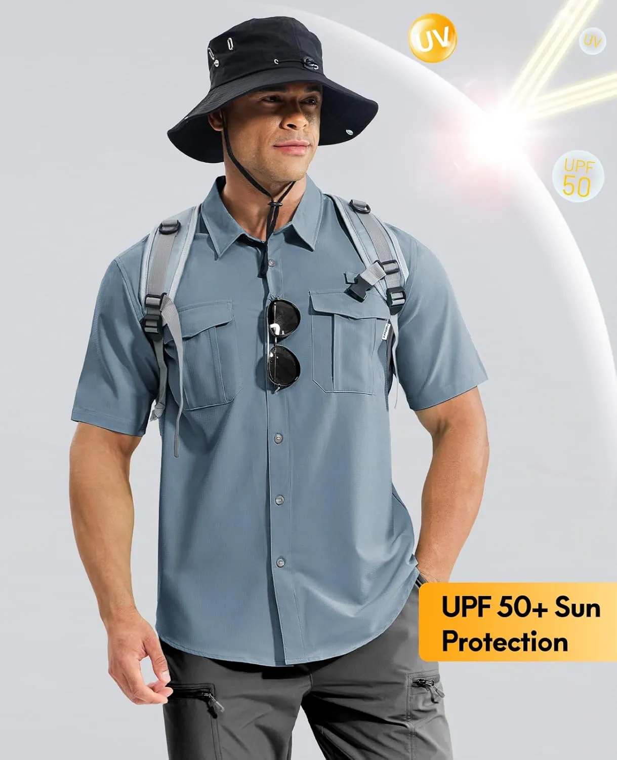 Haimont Men's Sun Protection Shirt Water Resistant Short Sleeve Button Down Shirt Quick Dry Cooling for Hiking Fishing