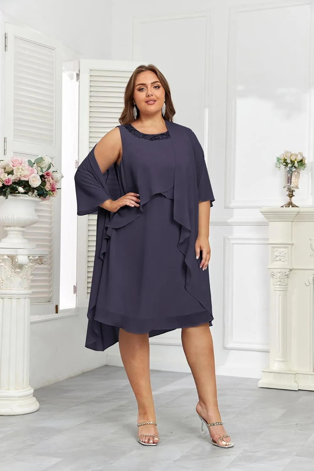 Hanna Nikole Womens Plus Size Dress with Jacket 2 Piece Wedding Guest Dresses Flowy Mother of The Bride Dress