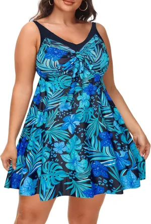 Hanna Nikole Women's Two Piece Swim Dress Plus Size Tummy Control Floral Printed Swimwear Swimsuits with Boyshort