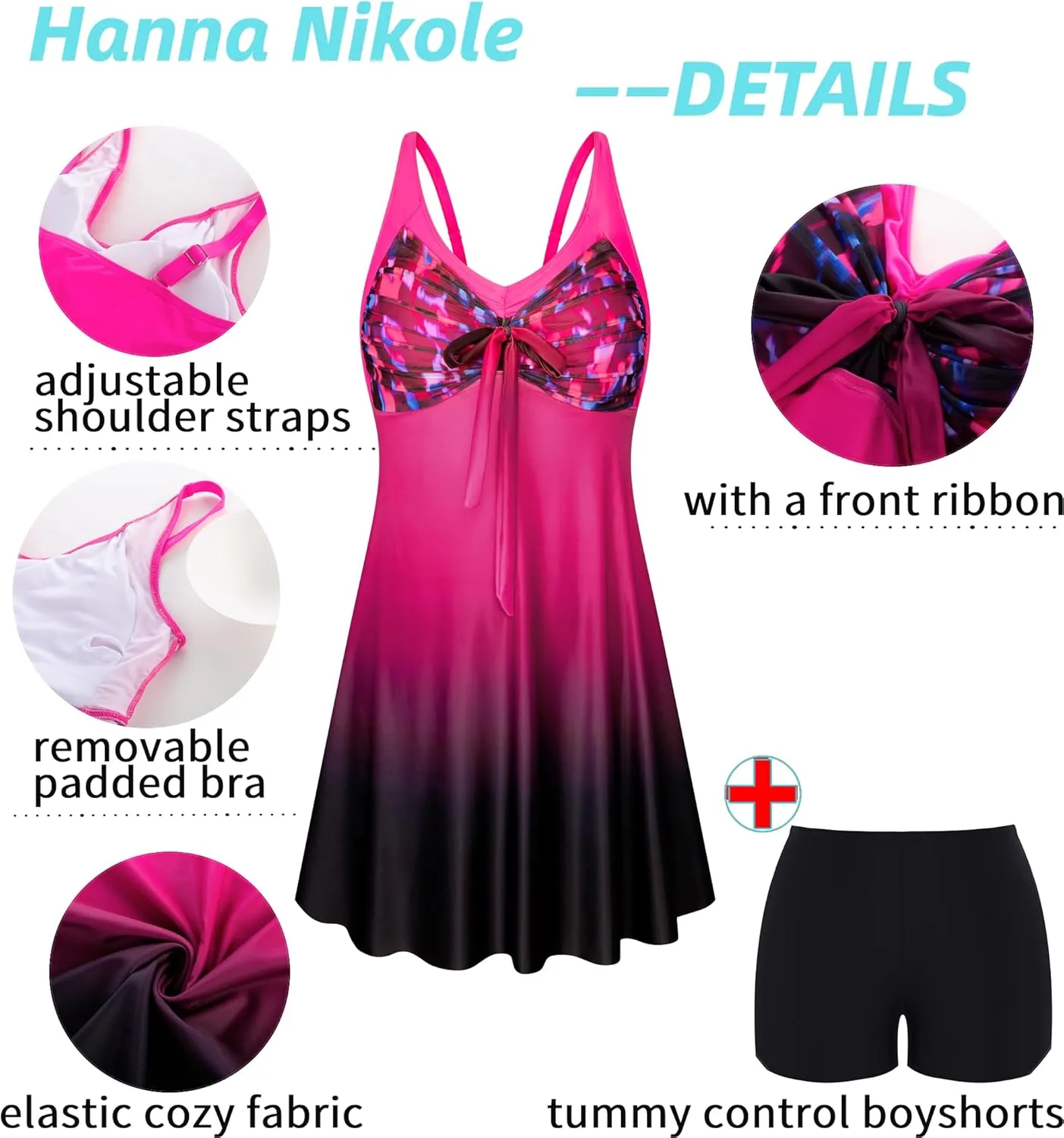 Hanna Nikole Women's Two Piece Swim Dress Plus Size Tummy Control Floral Printed Swimwear Swimsuits with Boyshort