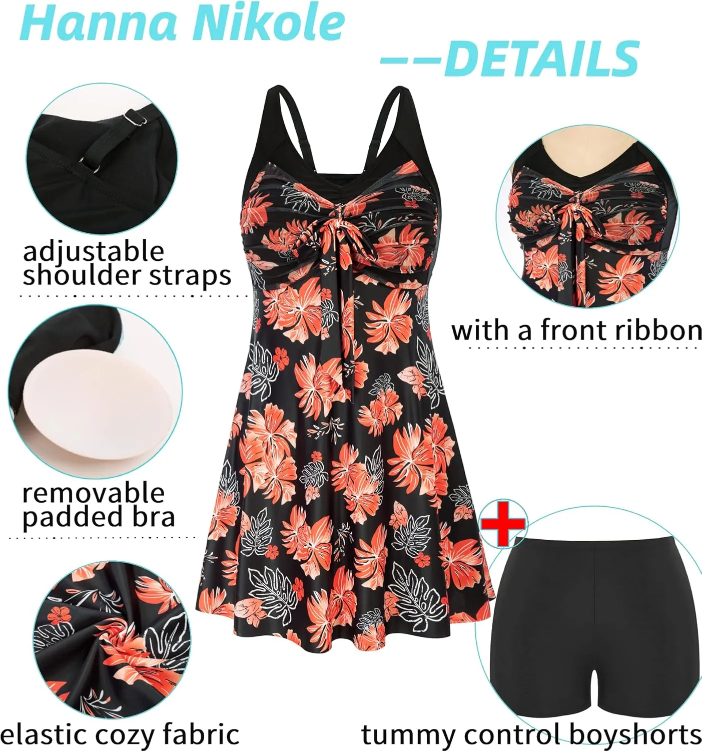 Hanna Nikole Women's Two Piece Swim Dress Plus Size Tummy Control Floral Printed Swimwear Swimsuits with Boyshort