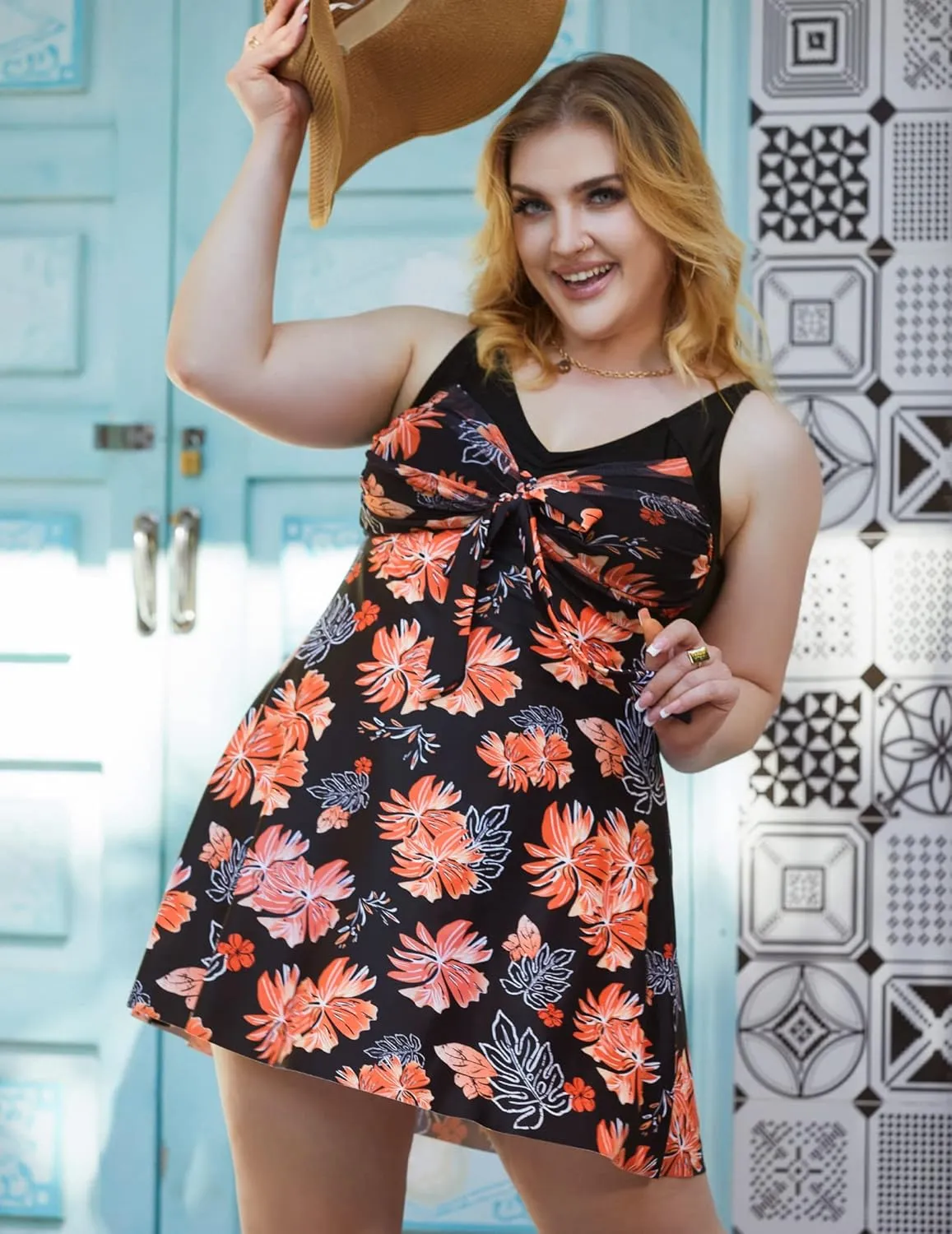 Hanna Nikole Women's Two Piece Swim Dress Plus Size Tummy Control Floral Printed Swimwear Swimsuits with Boyshort