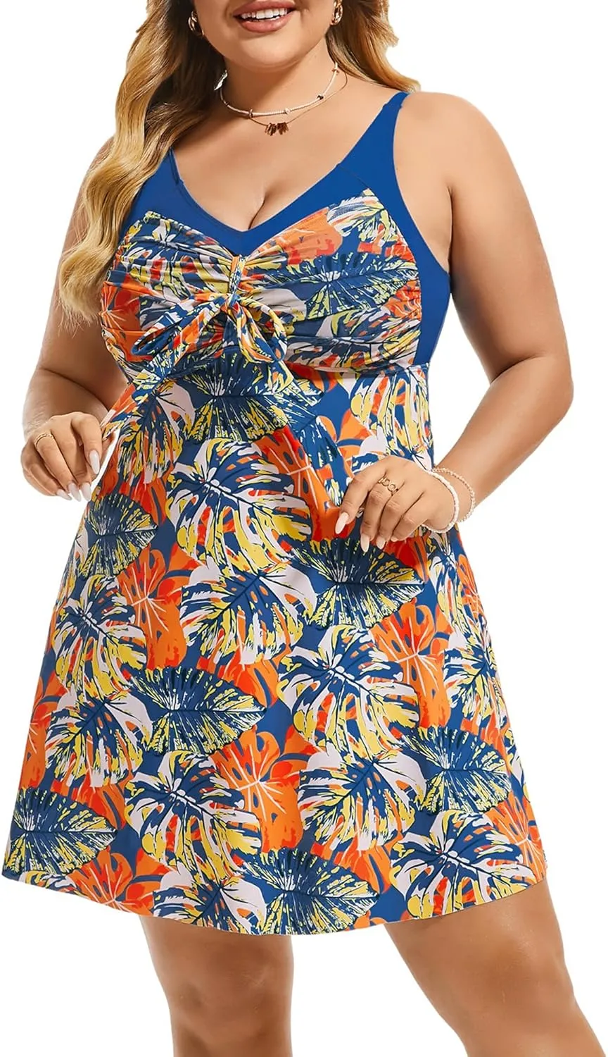 Hanna Nikole Women's Two Piece Swim Dress Plus Size Tummy Control Floral Printed Swimwear Swimsuits with Boyshort