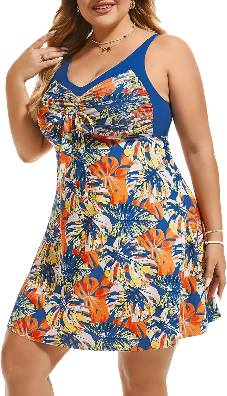 Hanna Nikole Women's Two Piece Swim Dress Plus Size Tummy Control Floral Printed Swimwear Swimsuits with Boyshort