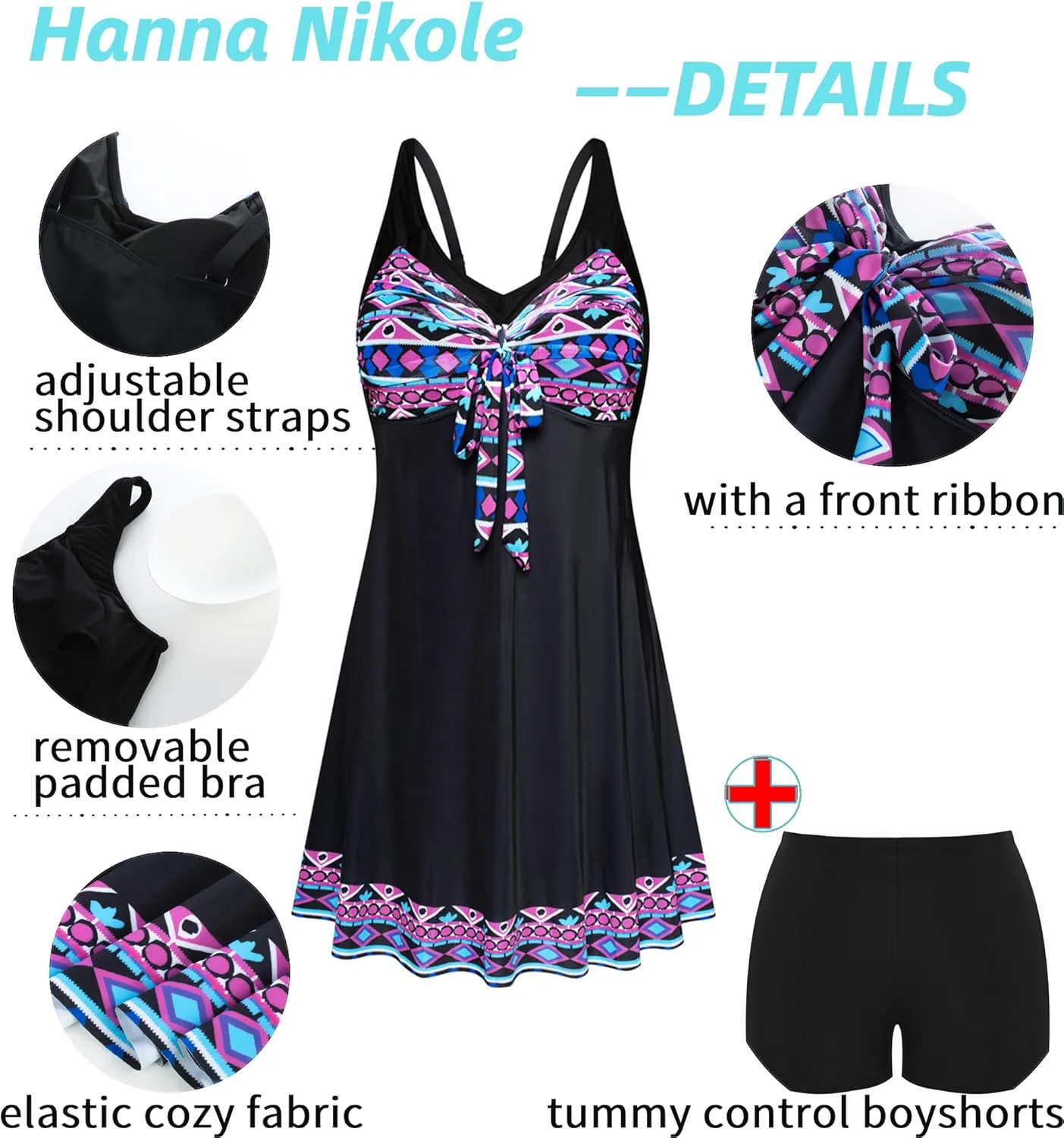 Hanna Nikole Women's Two Piece Swim Dress Plus Size Tummy Control Floral Printed Swimwear Swimsuits with Boyshort
