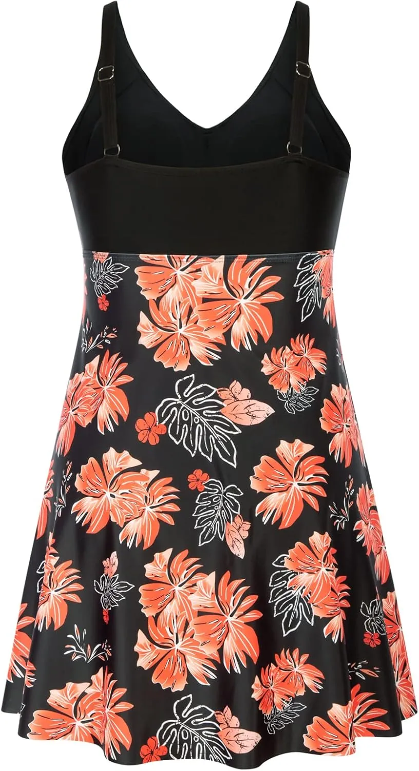 Hanna Nikole Women's Two Piece Swim Dress Plus Size Tummy Control Floral Printed Swimwear Swimsuits with Boyshort
