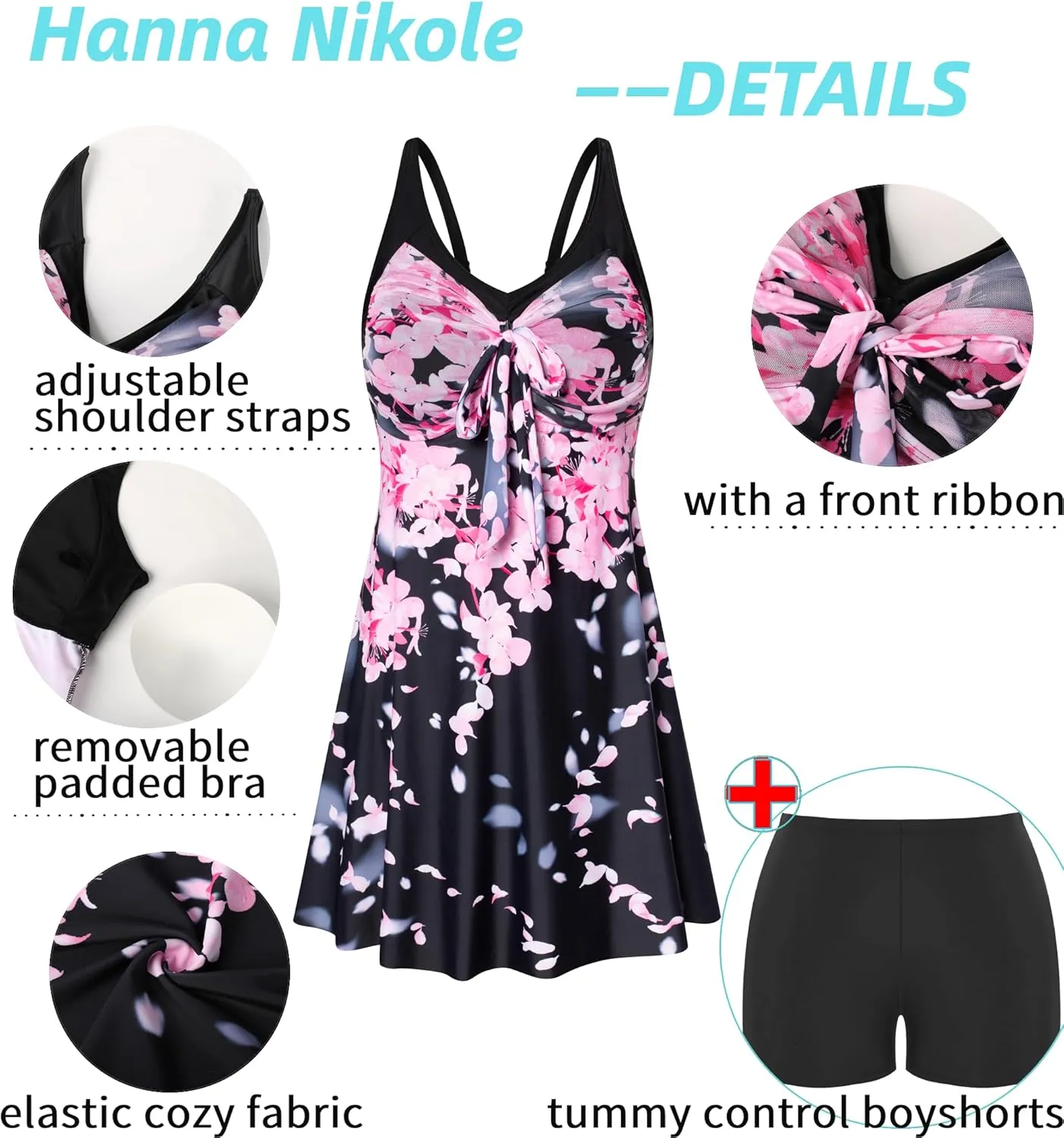 Hanna Nikole Women's Two Piece Swim Dress Plus Size Tummy Control Floral Printed Swimwear Swimsuits with Boyshort