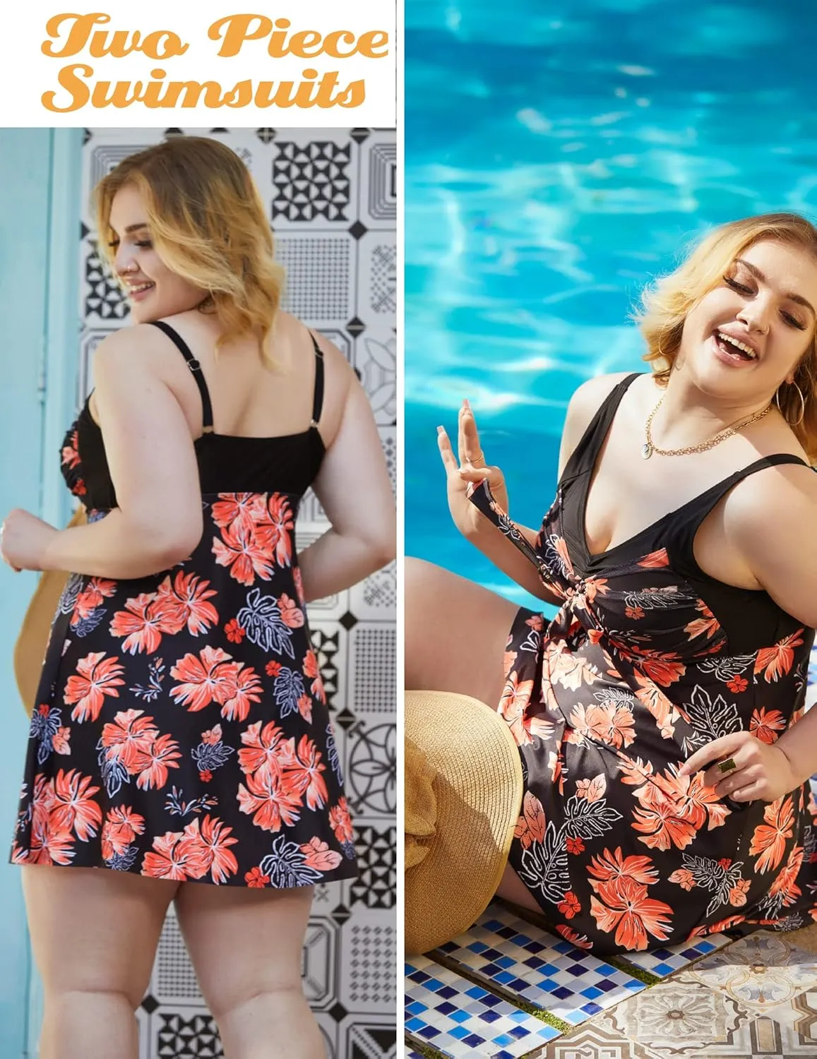 Hanna Nikole Women's Two Piece Swim Dress Plus Size Tummy Control Floral Printed Swimwear Swimsuits with Boyshort