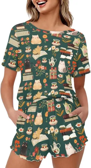 Happy Animals Women's Pajamas Set Short Sleeves Sleepwear Round Neck Comfy Pjs Loungewear Set with Pockets