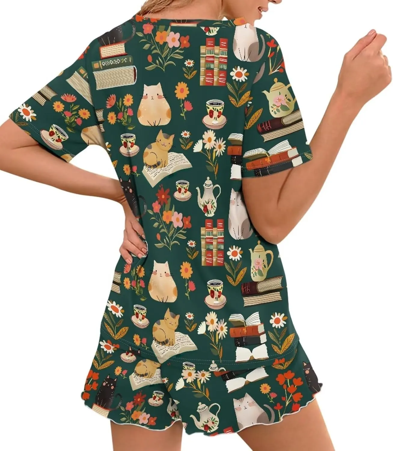 Happy Animals Women's Pajamas Set Short Sleeves Sleepwear Round Neck Comfy Pjs Loungewear Set with Pockets