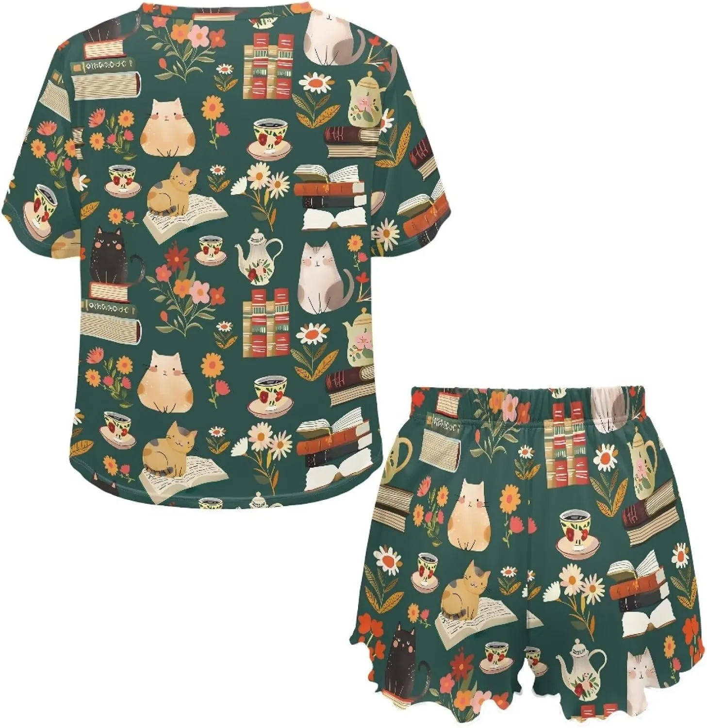 Happy Animals Women's Pajamas Set Short Sleeves Sleepwear Round Neck Comfy Pjs Loungewear Set with Pockets