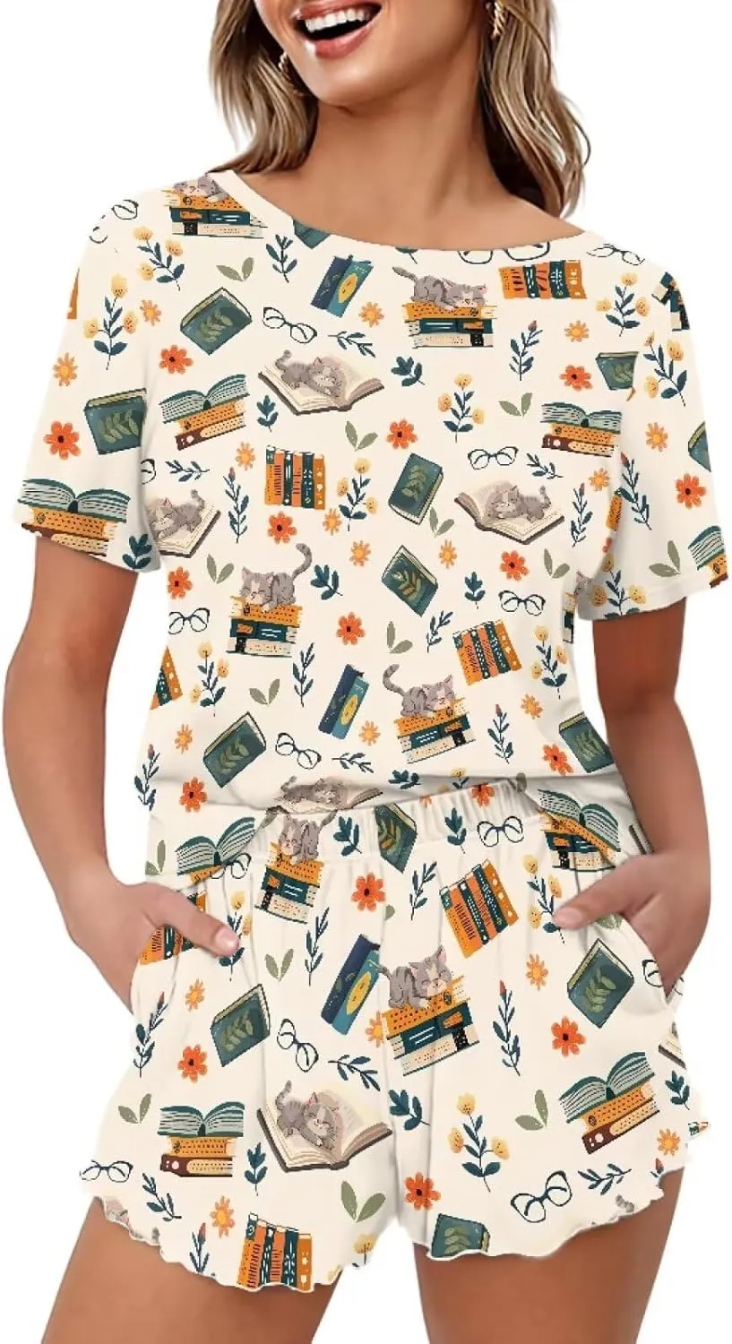 Happy Animals Women's Pajamas Set Short Sleeves Sleepwear Round Neck Comfy Pjs Loungewear Set with Pockets