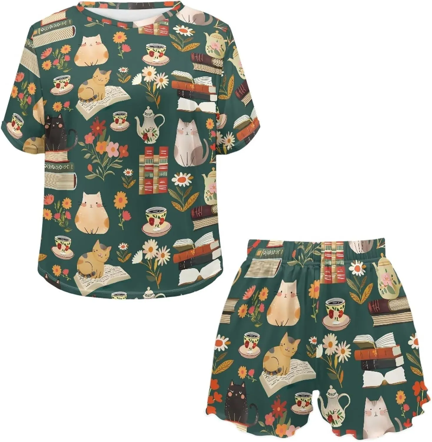 Happy Animals Women's Pajamas Set Short Sleeves Sleepwear Round Neck Comfy Pjs Loungewear Set with Pockets