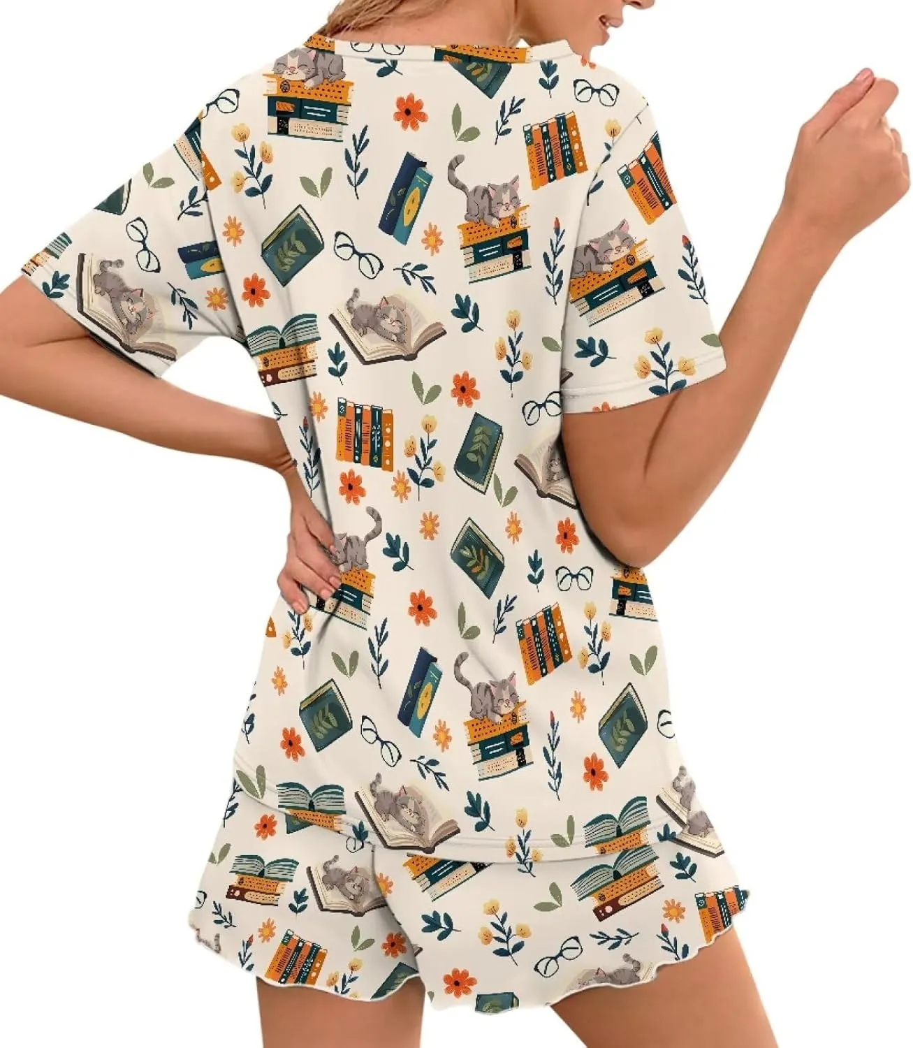 Happy Animals Women's Pajamas Set Short Sleeves Sleepwear Round Neck Comfy Pjs Loungewear Set with Pockets