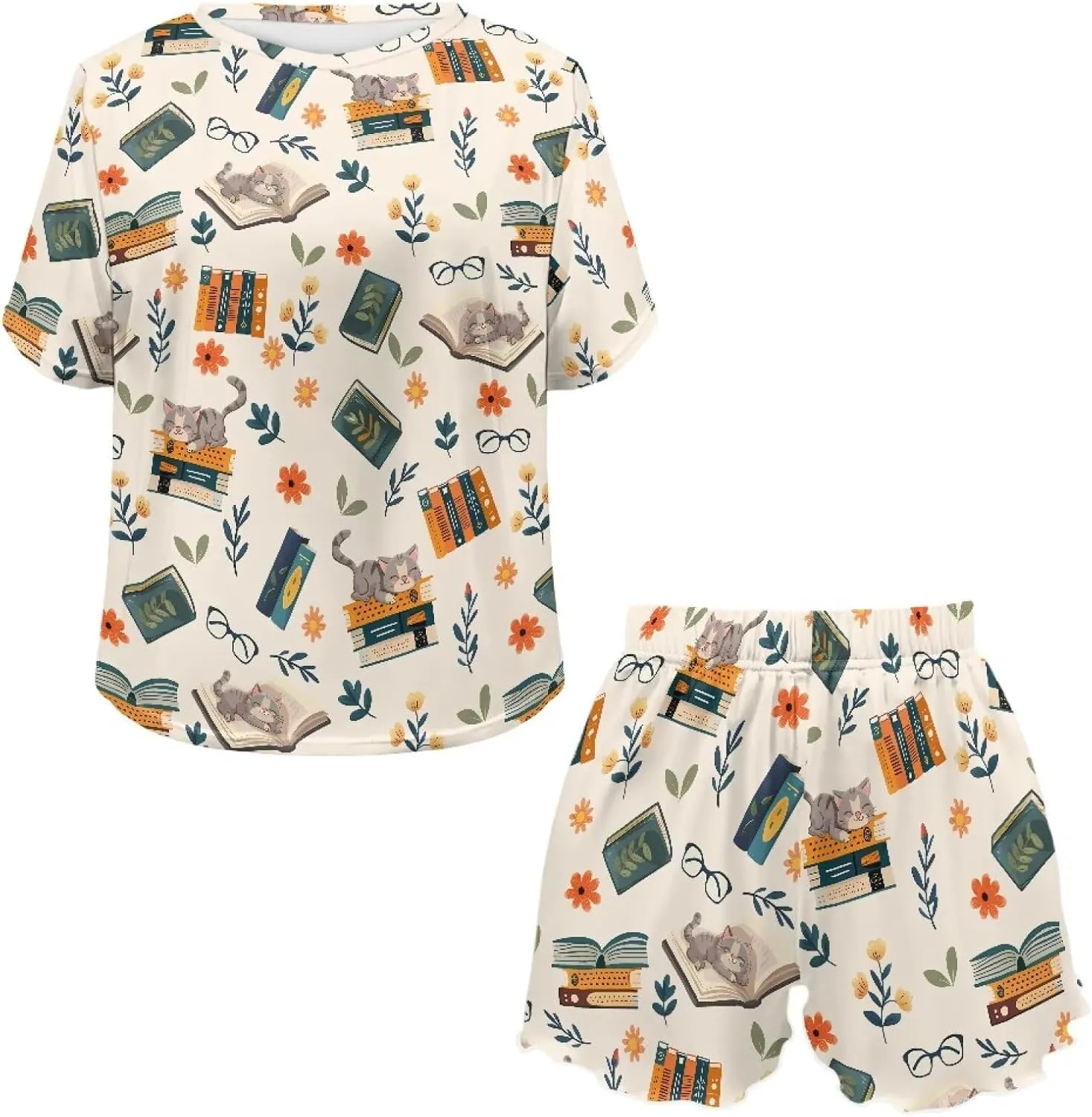 Happy Animals Women's Pajamas Set Short Sleeves Sleepwear Round Neck Comfy Pjs Loungewear Set with Pockets
