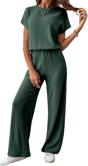 Happy Sailed Womens Summer Casual Round Neck Short Sleeve Elastic High Waist Wide Leg Long Pants Stretchy Jumpsuits Rompers Green X-Large