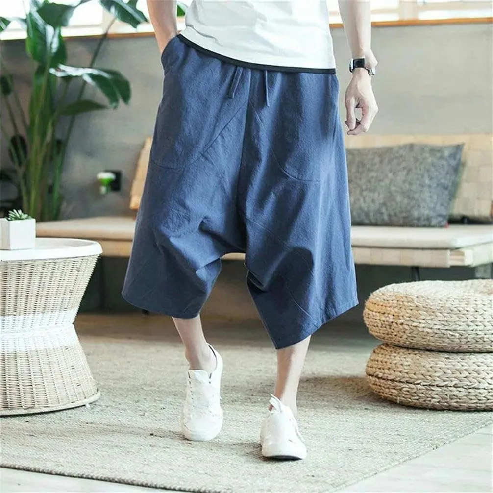 Harem Pants Men's Summer Cotton Retro Chinese Style Cotton Line with Pocket Lightweight Breathable