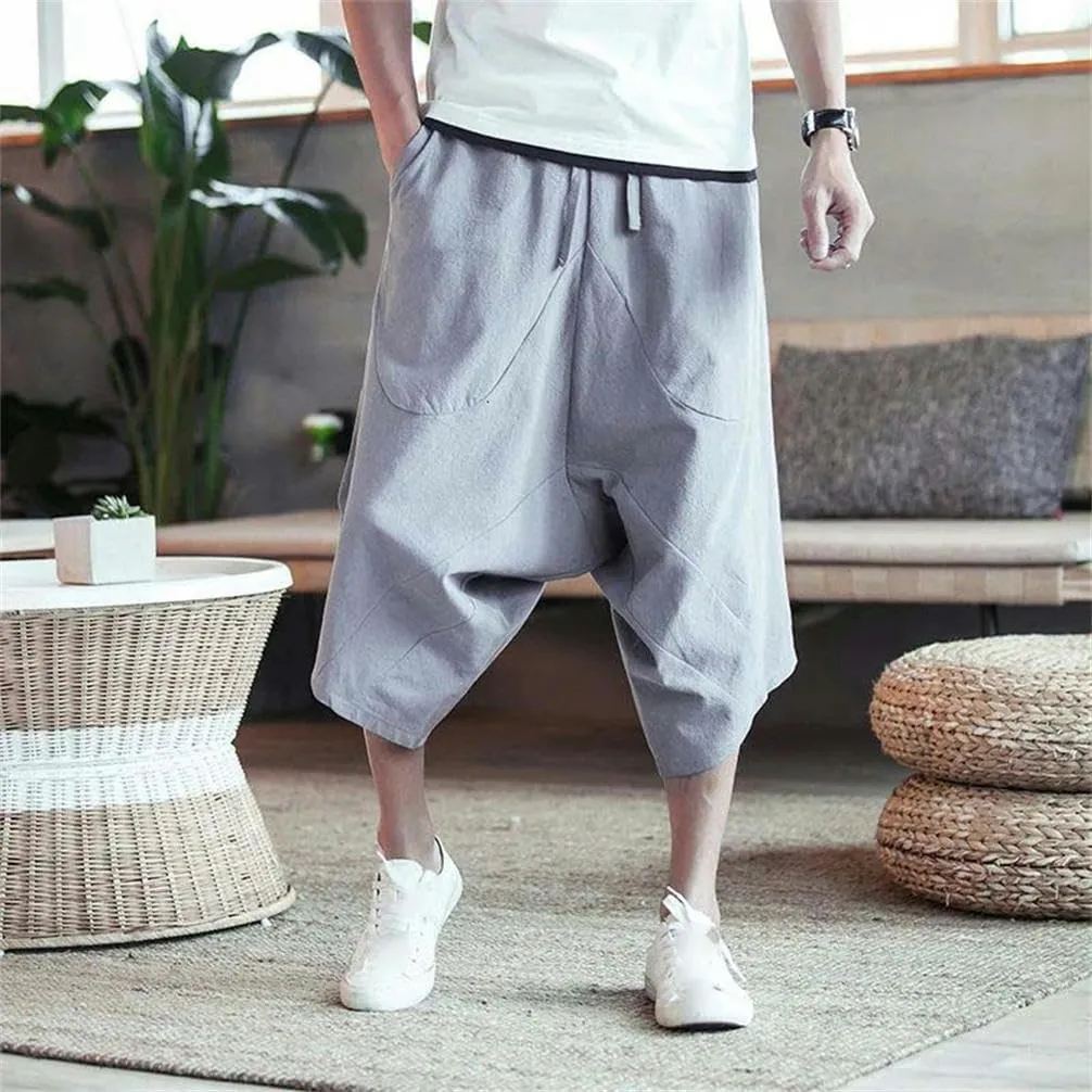 Harem Pants Men's Summer Cotton Retro Chinese Style Cotton Line with Pocket Lightweight Breathable