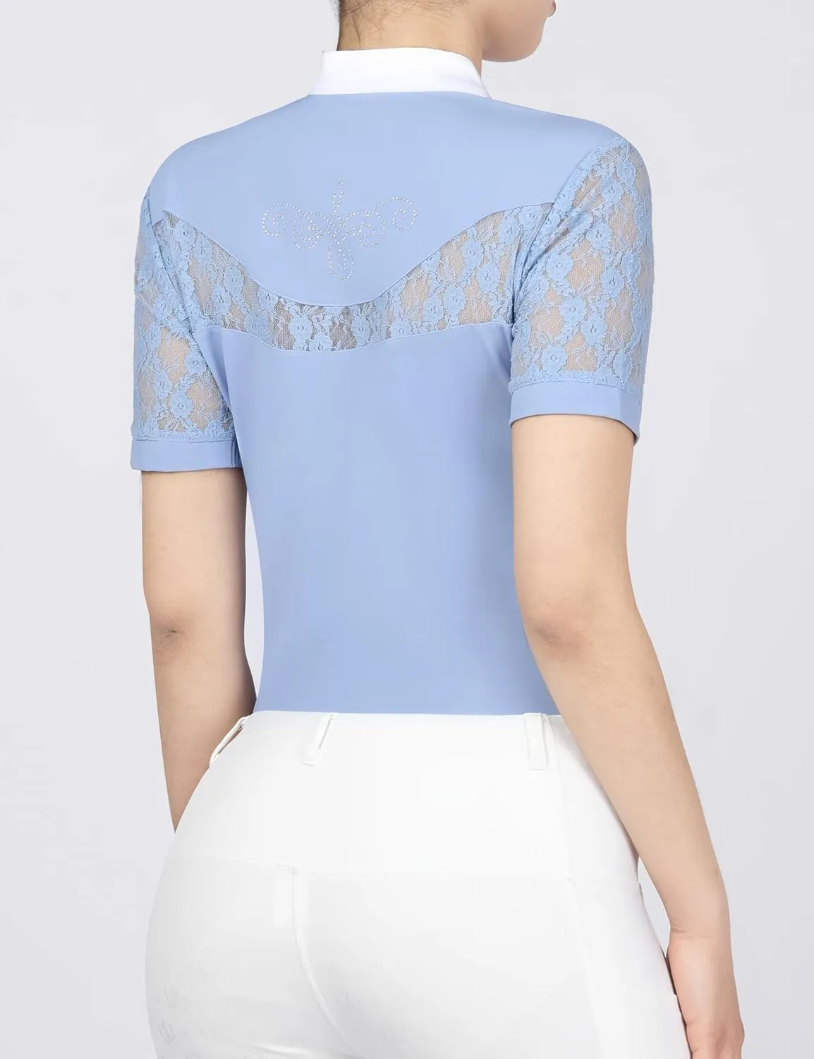 Harrison Howard Short Sleeve Lace Top Show Shirt Breathable with Graceful Back Lace Rider Top