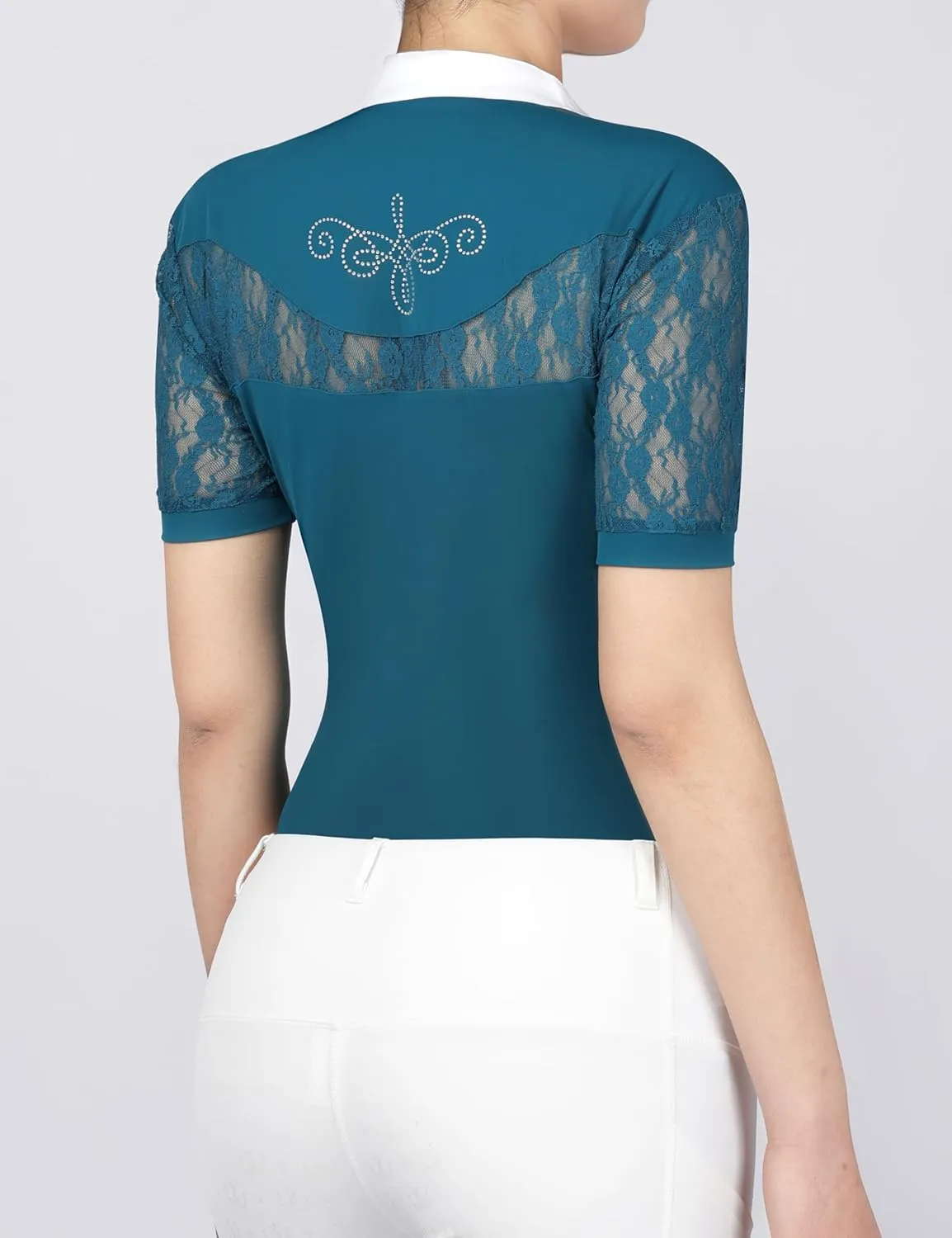 Harrison Howard Short Sleeve Lace Top Show Shirt Breathable with Graceful Back Lace Rider Top