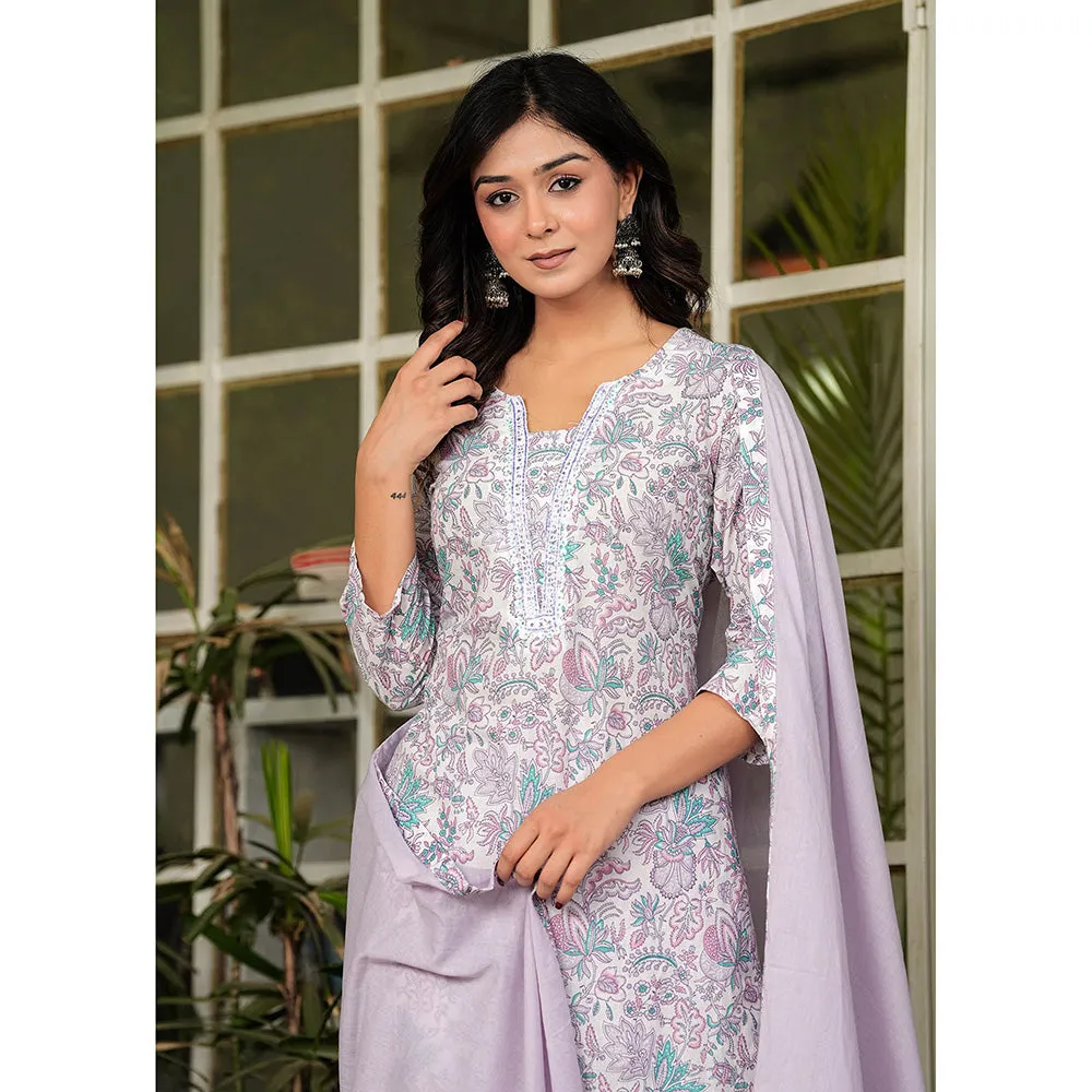 Hatheli Womens Cotton Floral Printed Handwork Kurta with Pant and Dupatta (Set of 3)