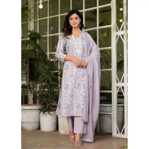 Hatheli Womens Cotton Floral Printed Handwork Kurta with Pant and Dupatta (Set of 3)