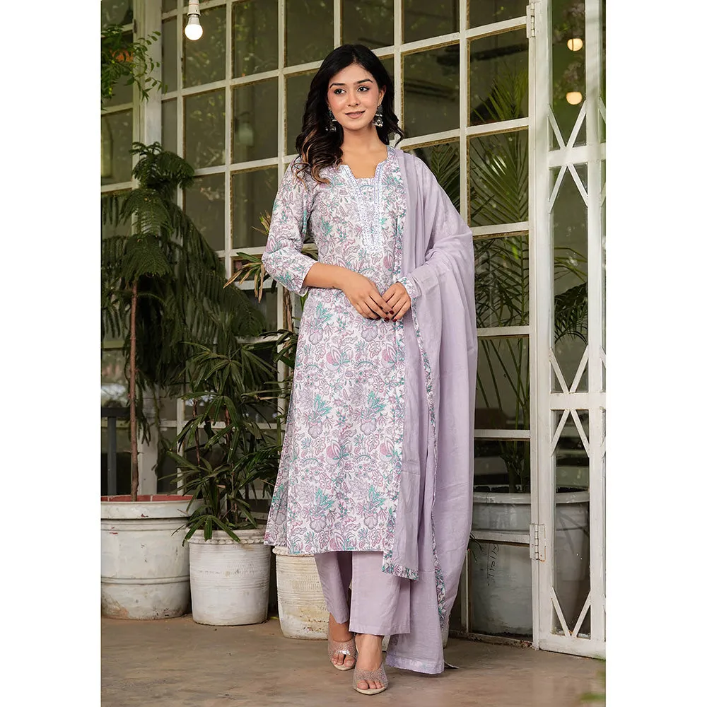 Hatheli Womens Cotton Floral Printed Handwork Kurta with Pant and Dupatta (Set of 3)