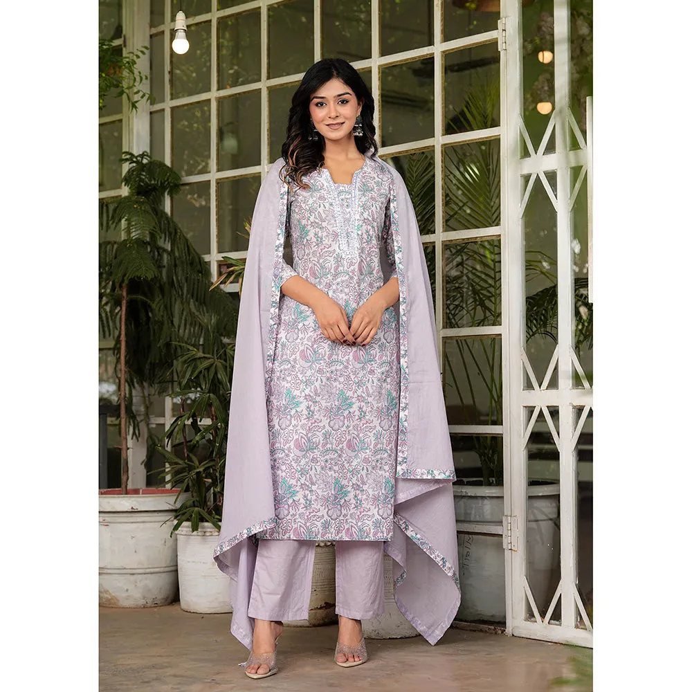 Hatheli Womens Cotton Floral Printed Handwork Kurta with Pant and Dupatta (Set of 3)