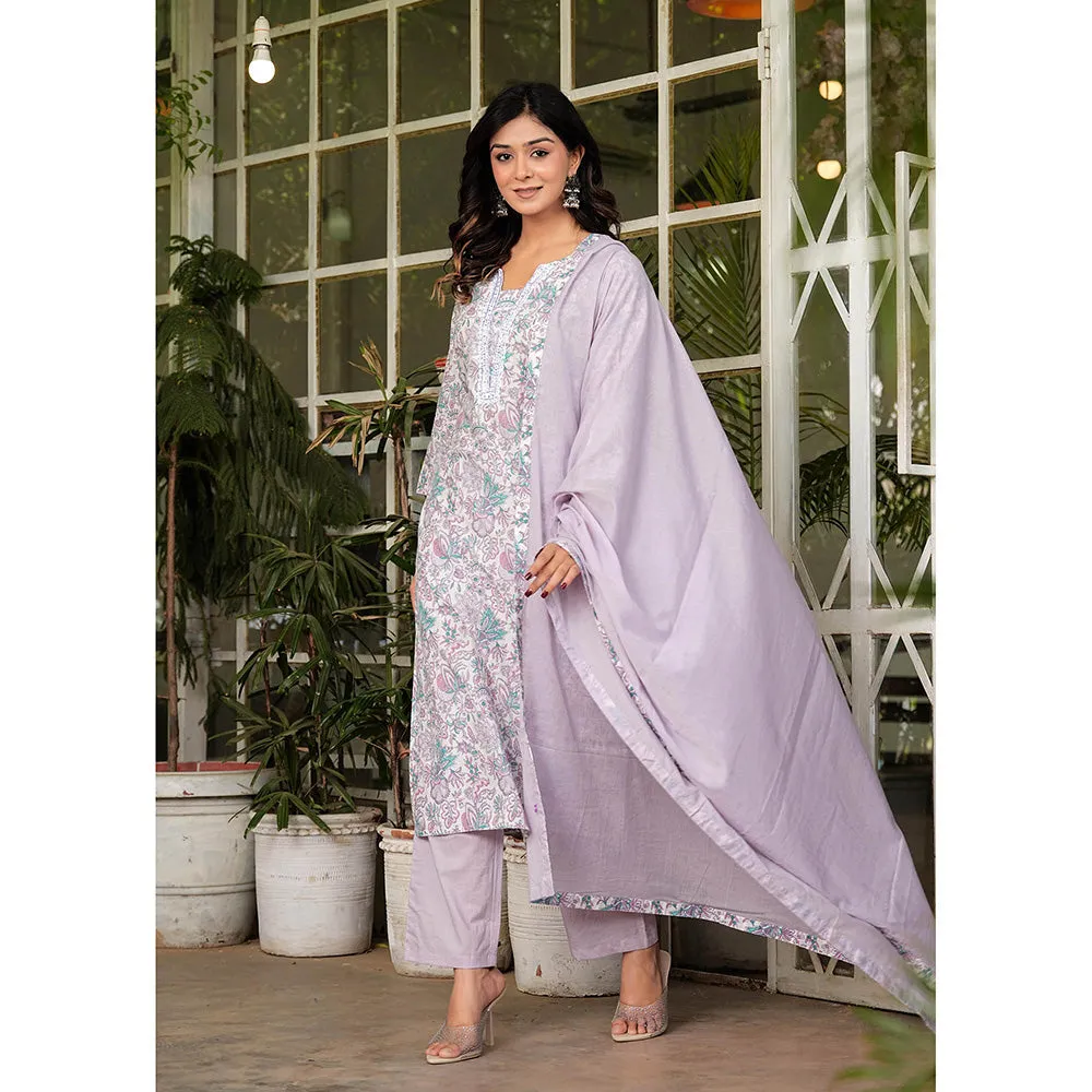 Hatheli Womens Cotton Floral Printed Handwork Kurta with Pant and Dupatta (Set of 3)
