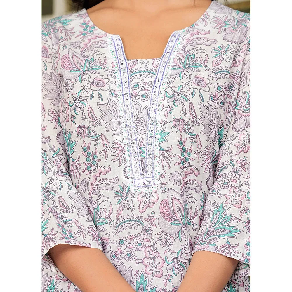 Hatheli Womens Cotton Floral Printed Handwork Kurta with Pant and Dupatta (Set of 3)