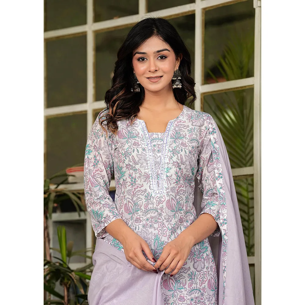 Hatheli Womens Cotton Floral Printed Handwork Kurta with Pant and Dupatta (Set of 3)