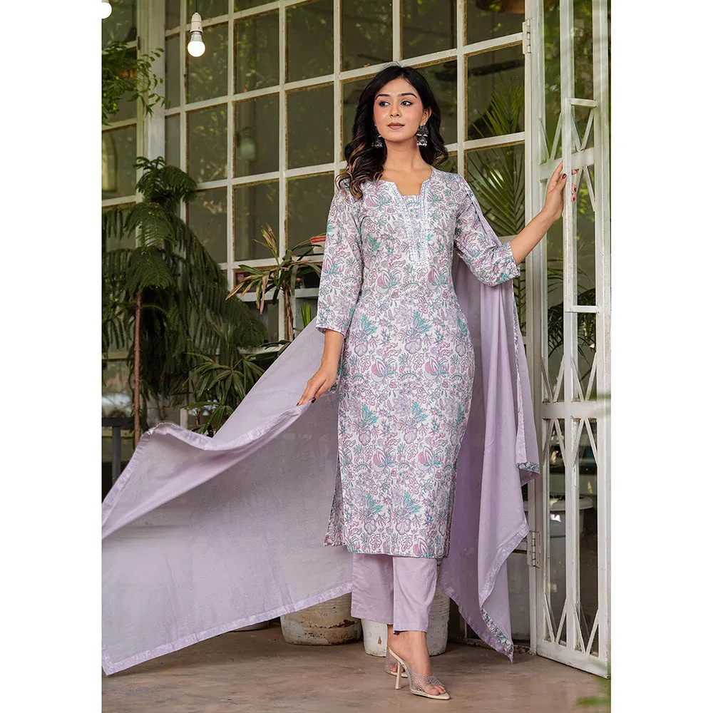 Hatheli Womens Cotton Floral Printed Handwork Kurta with Pant and Dupatta (Set of 3)