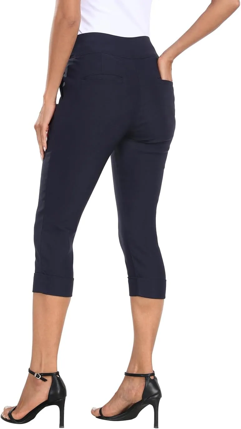 HDE Pull On Capri Pants for Women 19" Inseam Cropped Dress Pants with Pockets