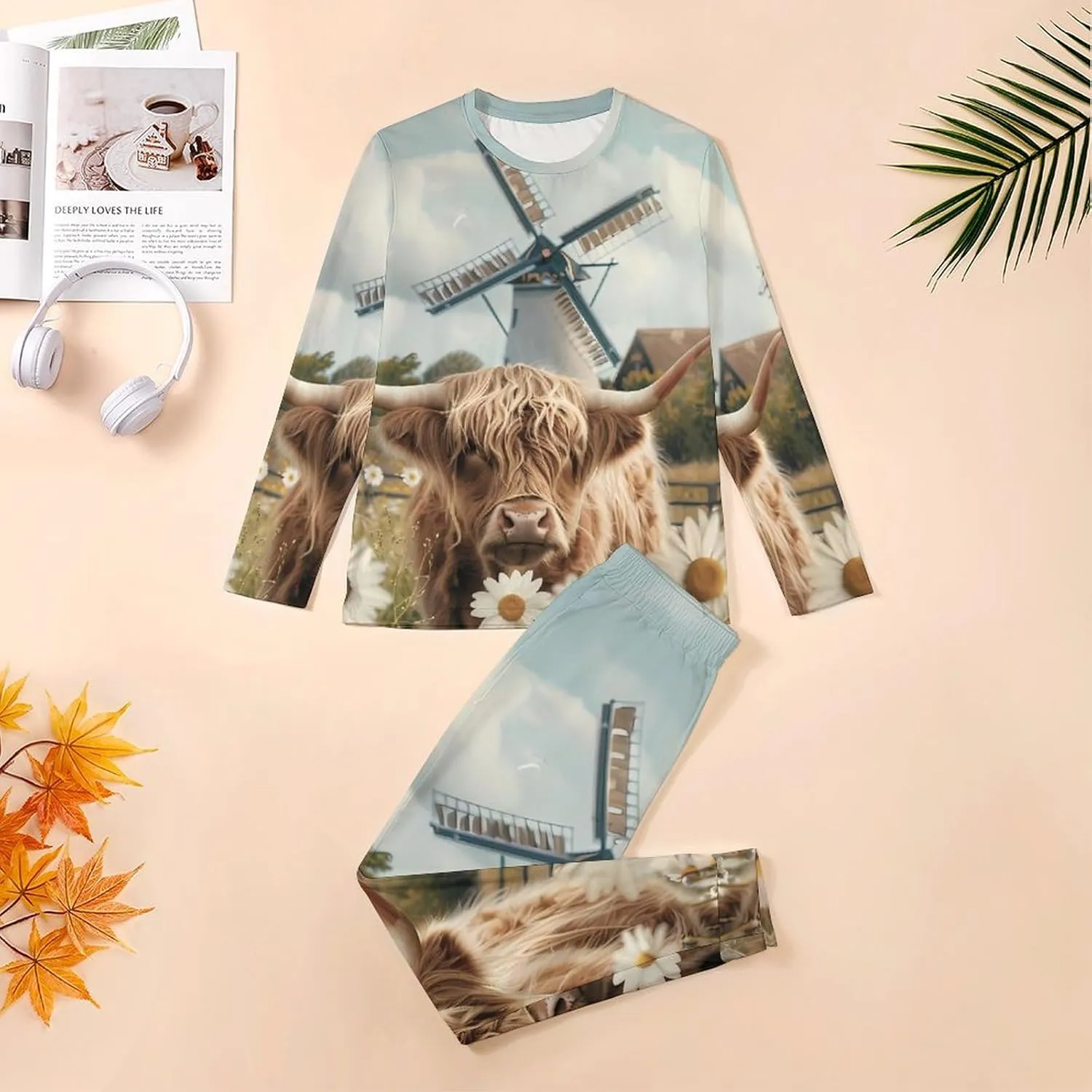 Highland Cow White Daisy Flower Men's Pajama Set Casual Sleepwear Pjs Set Comfy Loungewear Soft Long Sleeve Shirts And Pants