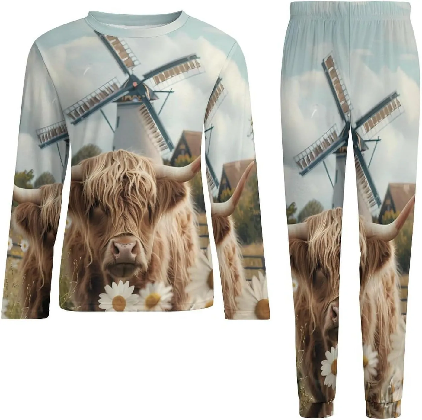 Highland Cow White Daisy Flower Men's Pajama Set Casual Sleepwear Pjs Set Comfy Loungewear Soft Long Sleeve Shirts And Pants