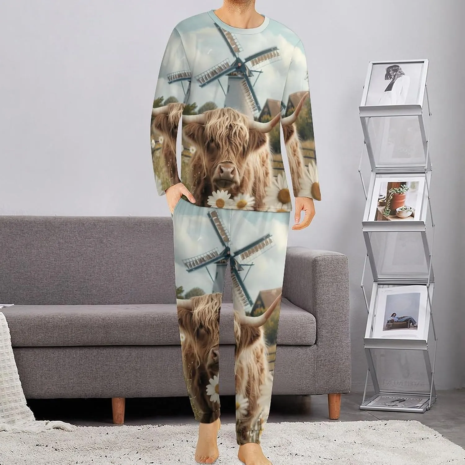 Highland Cow White Daisy Flower Men's Pajama Set Casual Sleepwear Pjs Set Comfy Loungewear Soft Long Sleeve Shirts And Pants