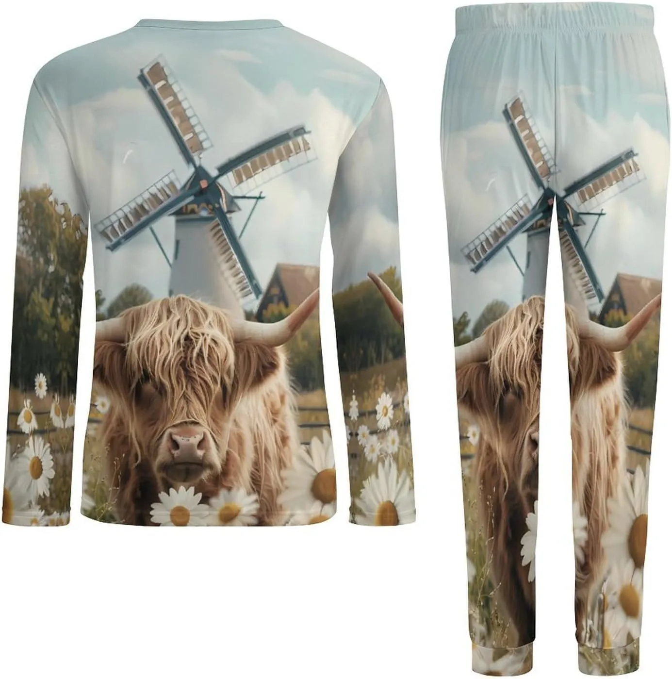 Highland Cow White Daisy Flower Men's Pajama Set Casual Sleepwear Pjs Set Comfy Loungewear Soft Long Sleeve Shirts And Pants