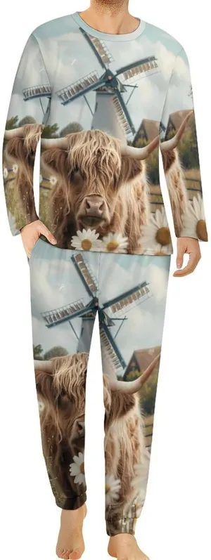 Highland Cow White Daisy Flower Men's Pajama Set Casual Sleepwear Pjs Set Comfy Loungewear Soft Long Sleeve Shirts And Pants