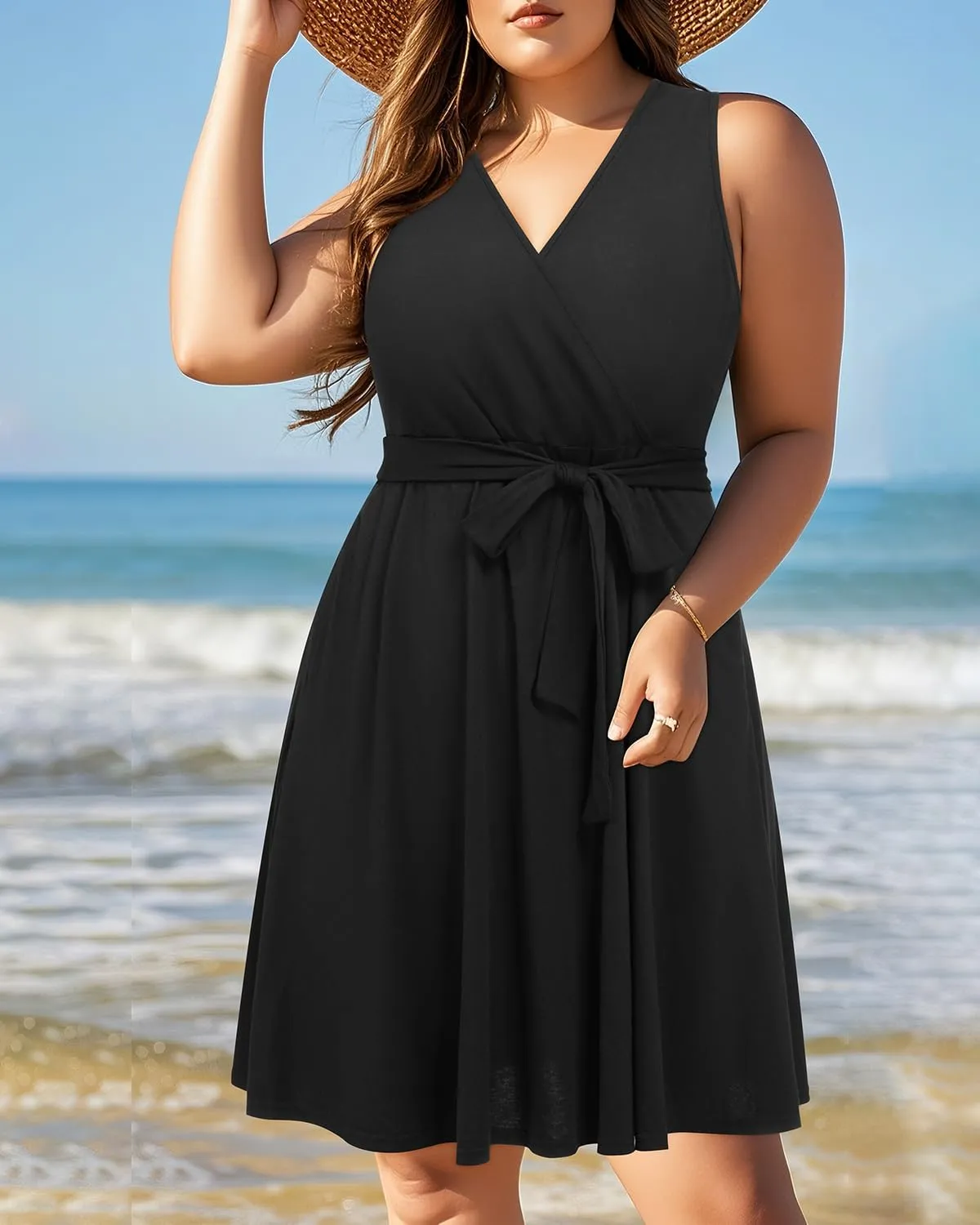 Holipick Women's Plus Size Sleeveless V Neck Wrap Sundress Summer Casual Dress with Pockets