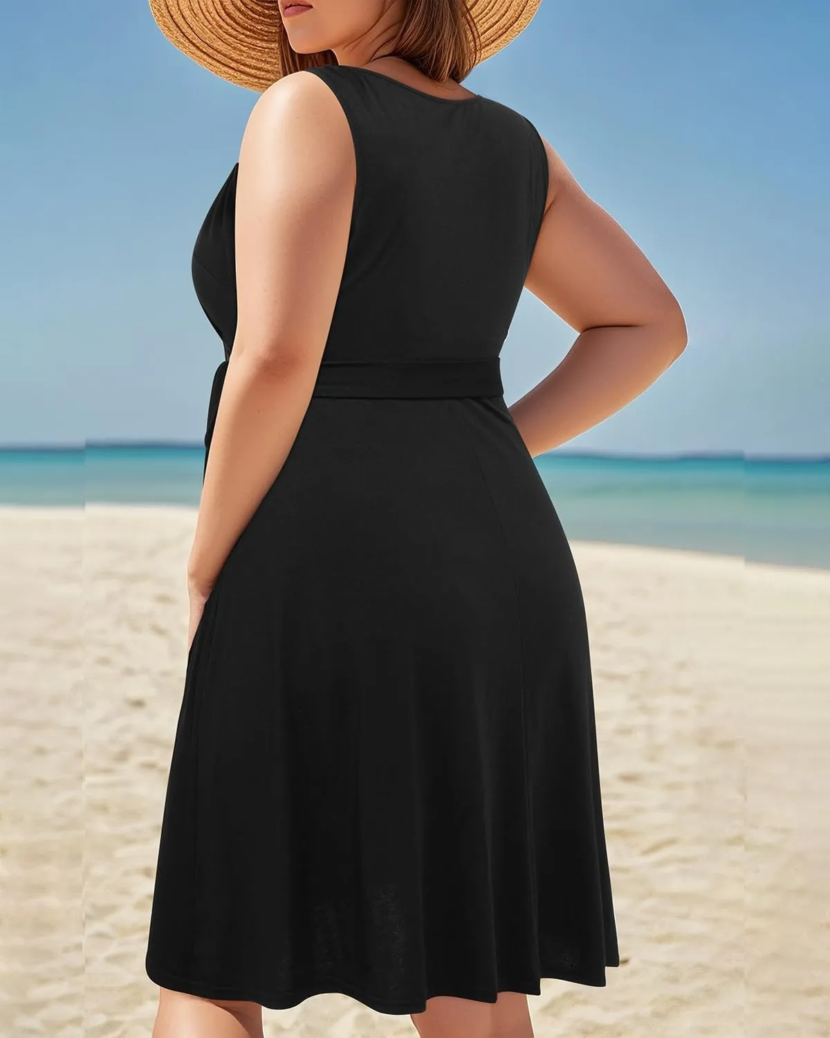 Holipick Women's Plus Size Sleeveless V Neck Wrap Sundress Summer Casual Dress with Pockets