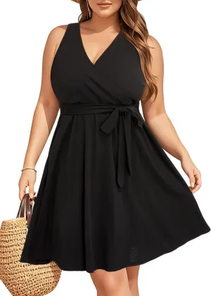 Holipick Women's Plus Size Sleeveless V Neck Wrap Sundress Summer Casual Dress with Pockets