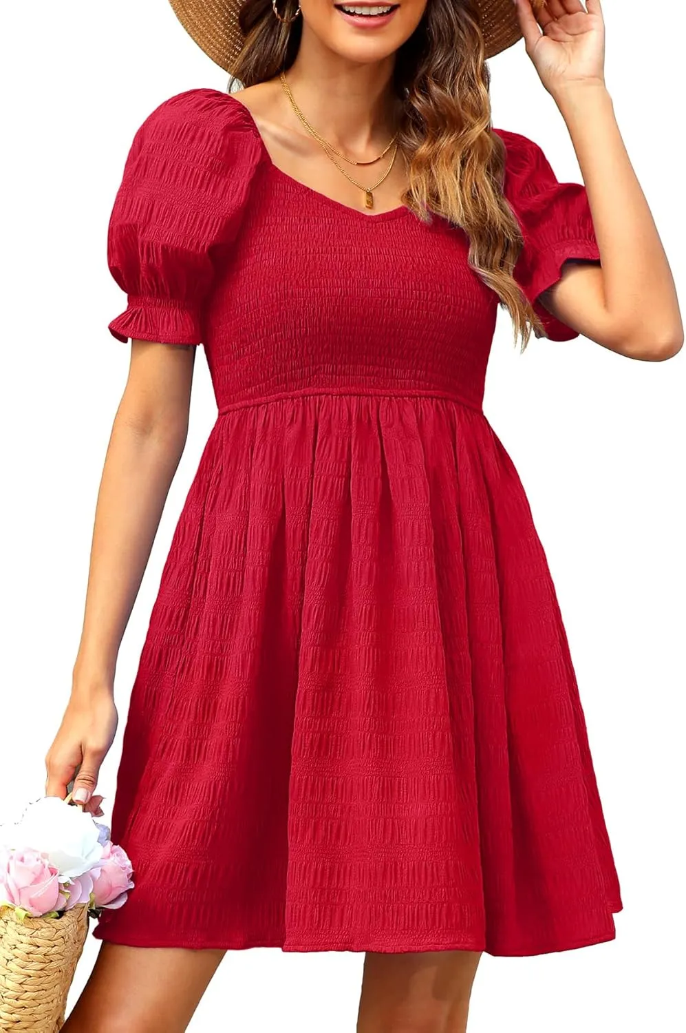 Holipick Womens Summer Dress - Smocked Sweetheart Neckline Puff Sleeve Flowy A-Line Short Cute Casual Spring Dresses for Teen