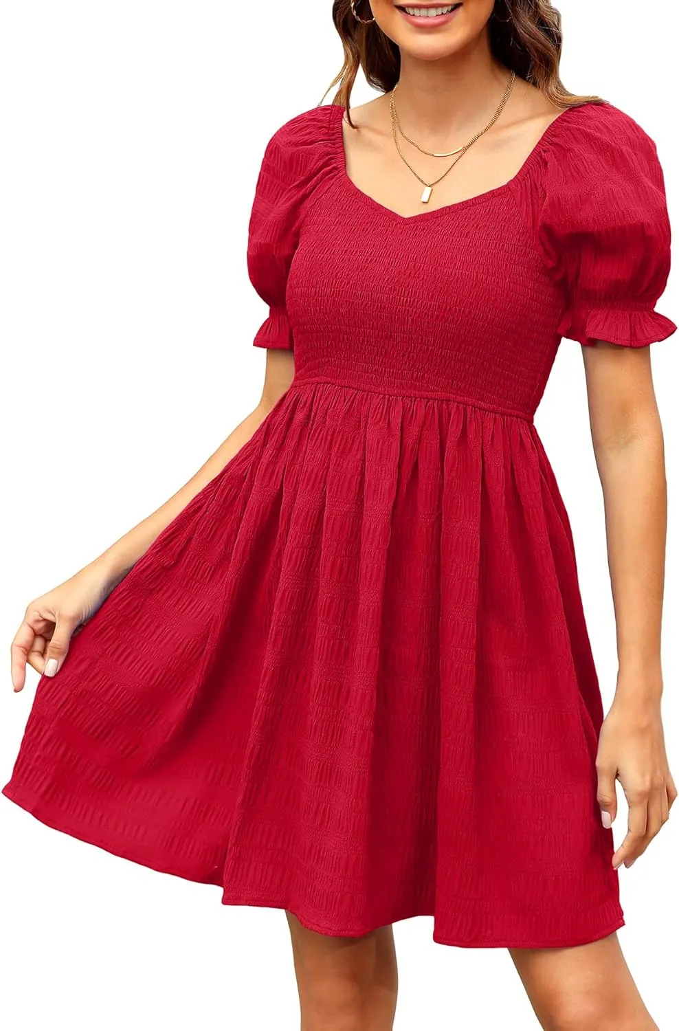 Holipick Womens Summer Dress - Smocked Sweetheart Neckline Puff Sleeve Flowy A-Line Short Cute Casual Spring Dresses for Teen