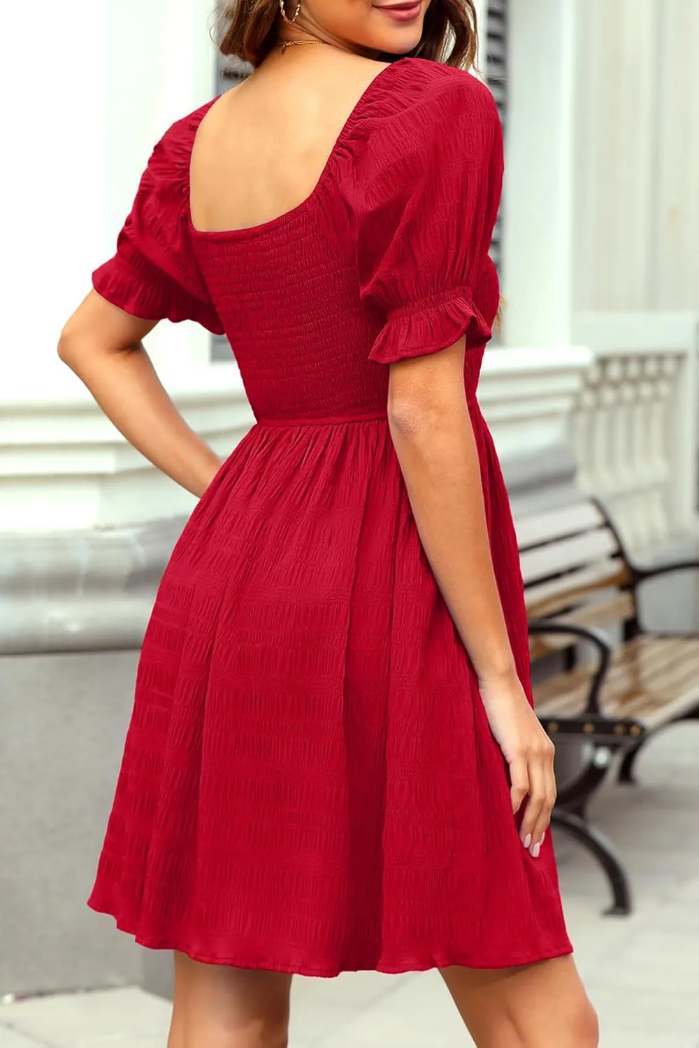 Holipick Womens Summer Dress - Smocked Sweetheart Neckline Puff Sleeve Flowy A-Line Short Cute Casual Spring Dresses for Teen