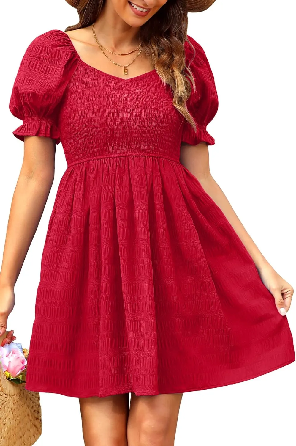 Holipick Womens Summer Dress - Smocked Sweetheart Neckline Puff Sleeve Flowy A-Line Short Cute Casual Spring Dresses for Teen